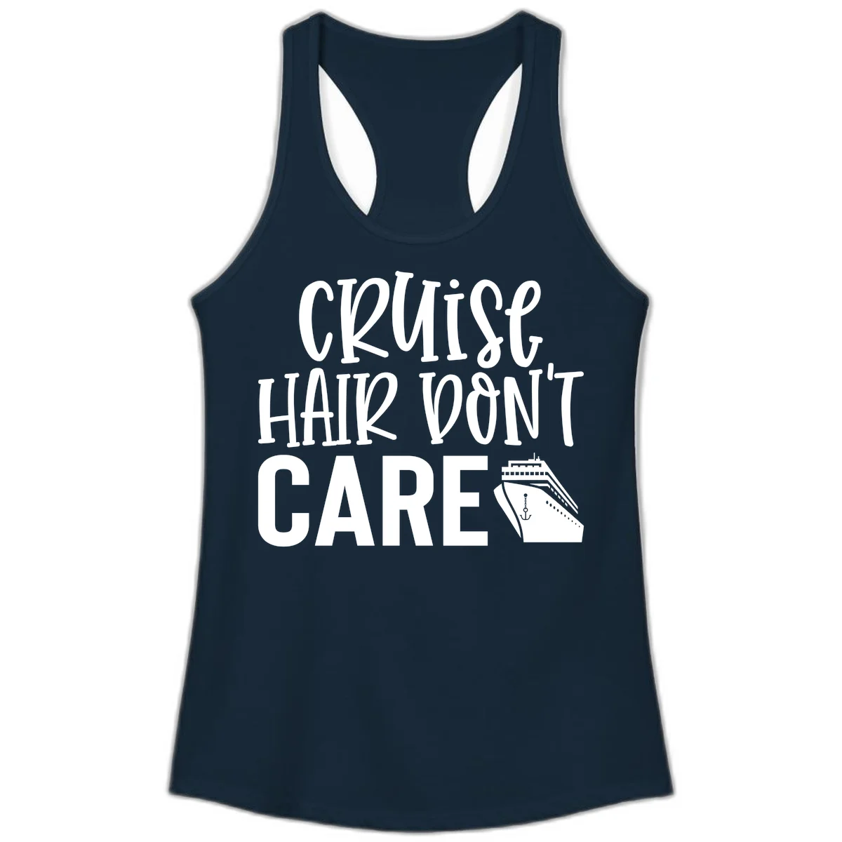 Cruise Hair Don't Care Ladies Racerback Tank in Solid Midnight Navy