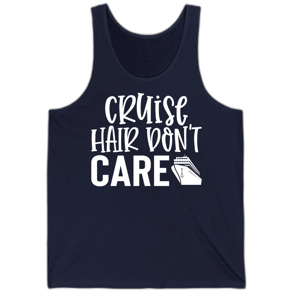 Cruise Hair Don't Care Funny Vacation Tank Top in Navy