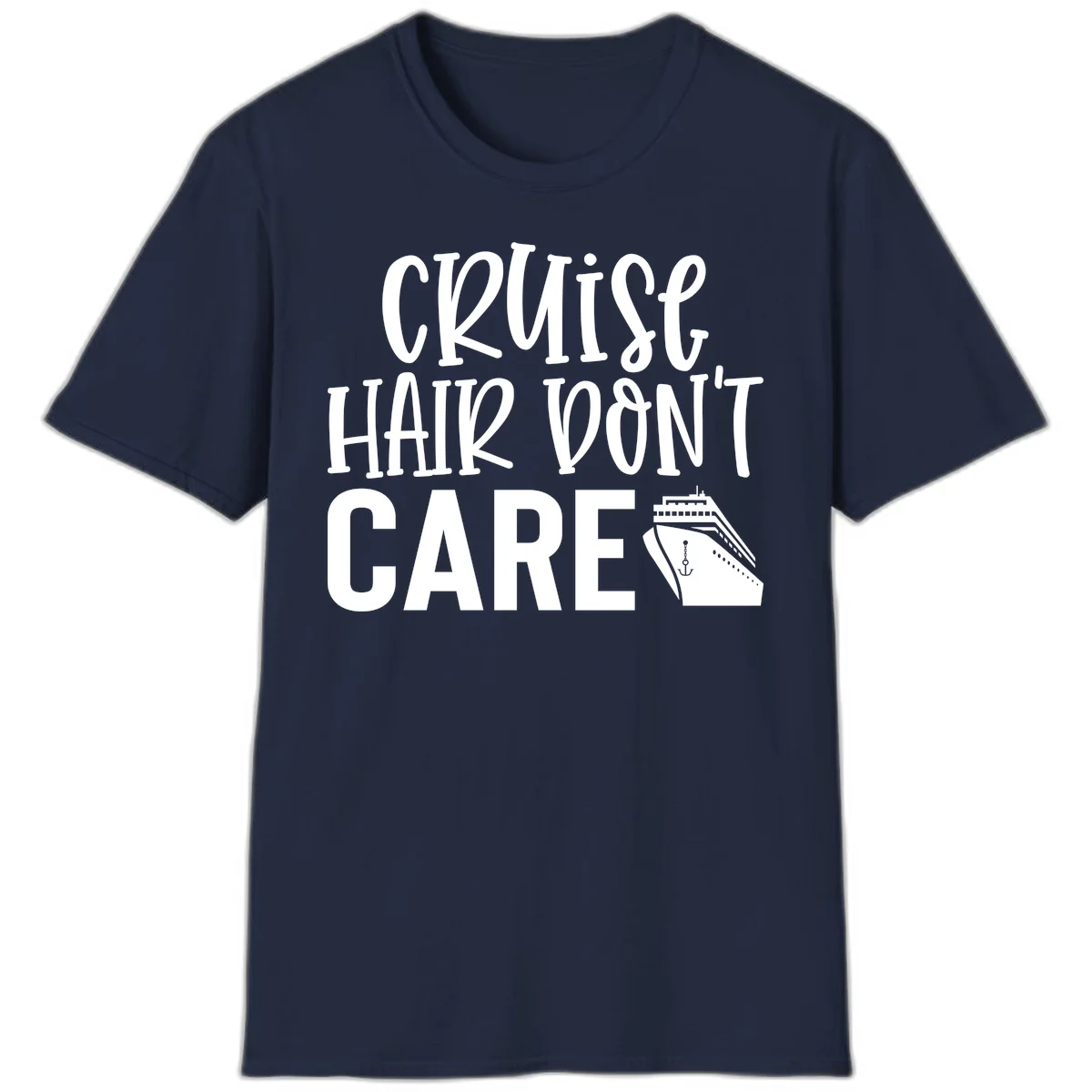 Cruise Hair Don't Care Funny Vacation T-Shirt in Navy
