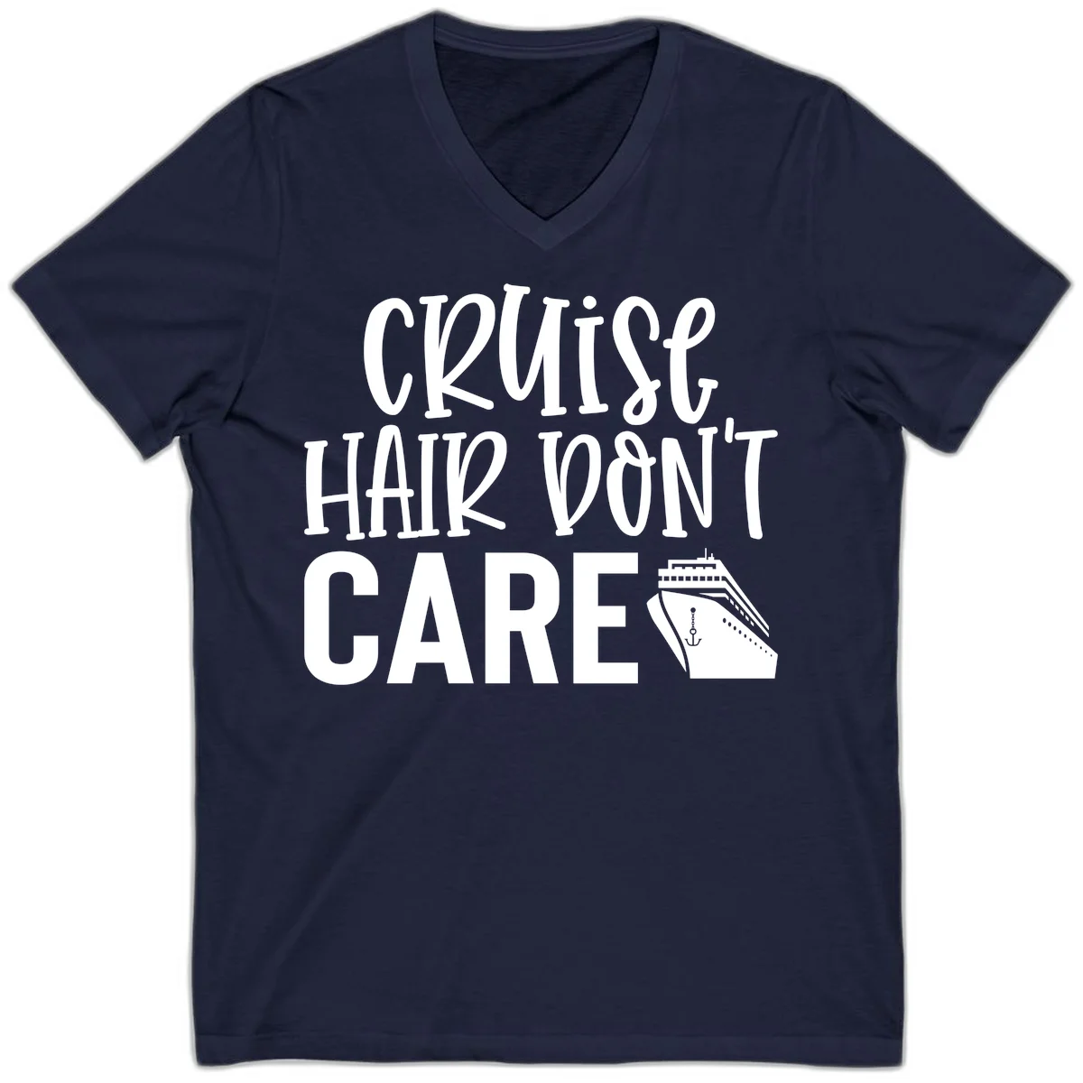 Cruise Hair Don't Care Funny V-Neck Tee in Navy