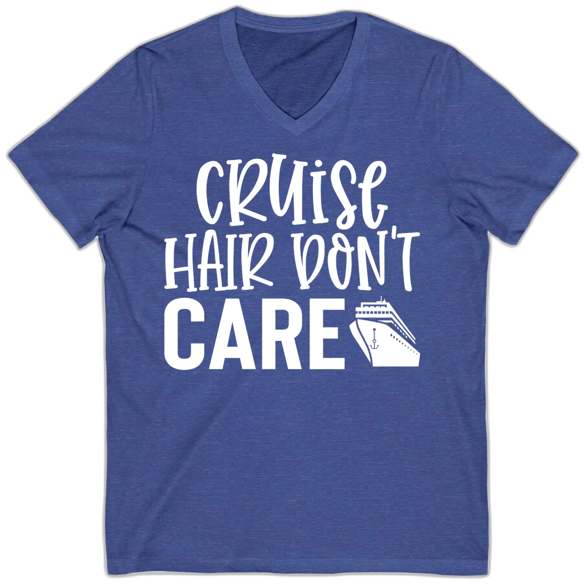 Cruise Hair Don't Care Funny V-Neck Tee in Heather True Royal