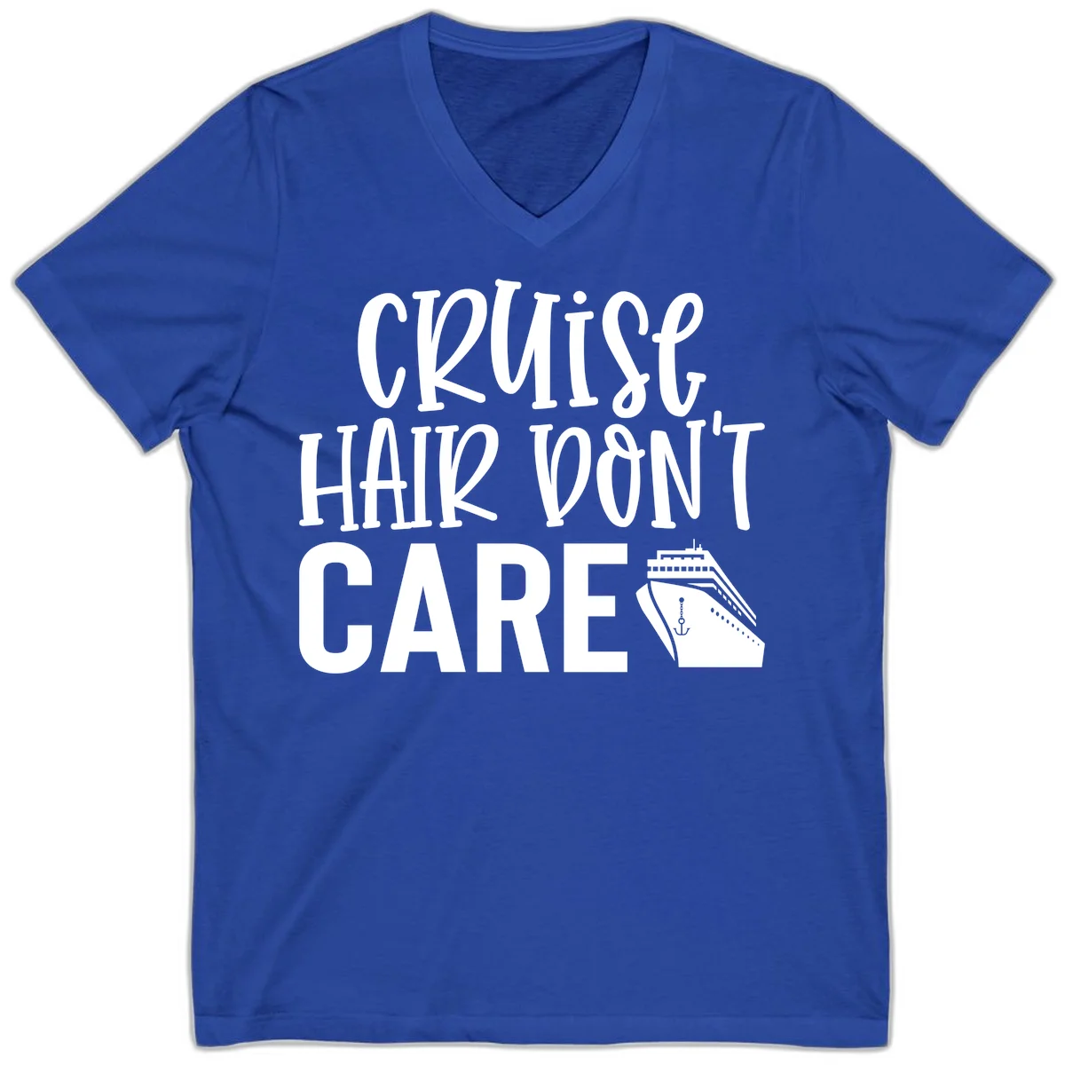Cruise Hair Don't Care Funny V-Neck Tee in True Royal