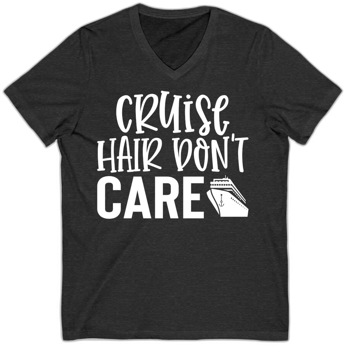 Cruise Hair Don't Care Funny V-Neck Tee in Dark Grey Heather