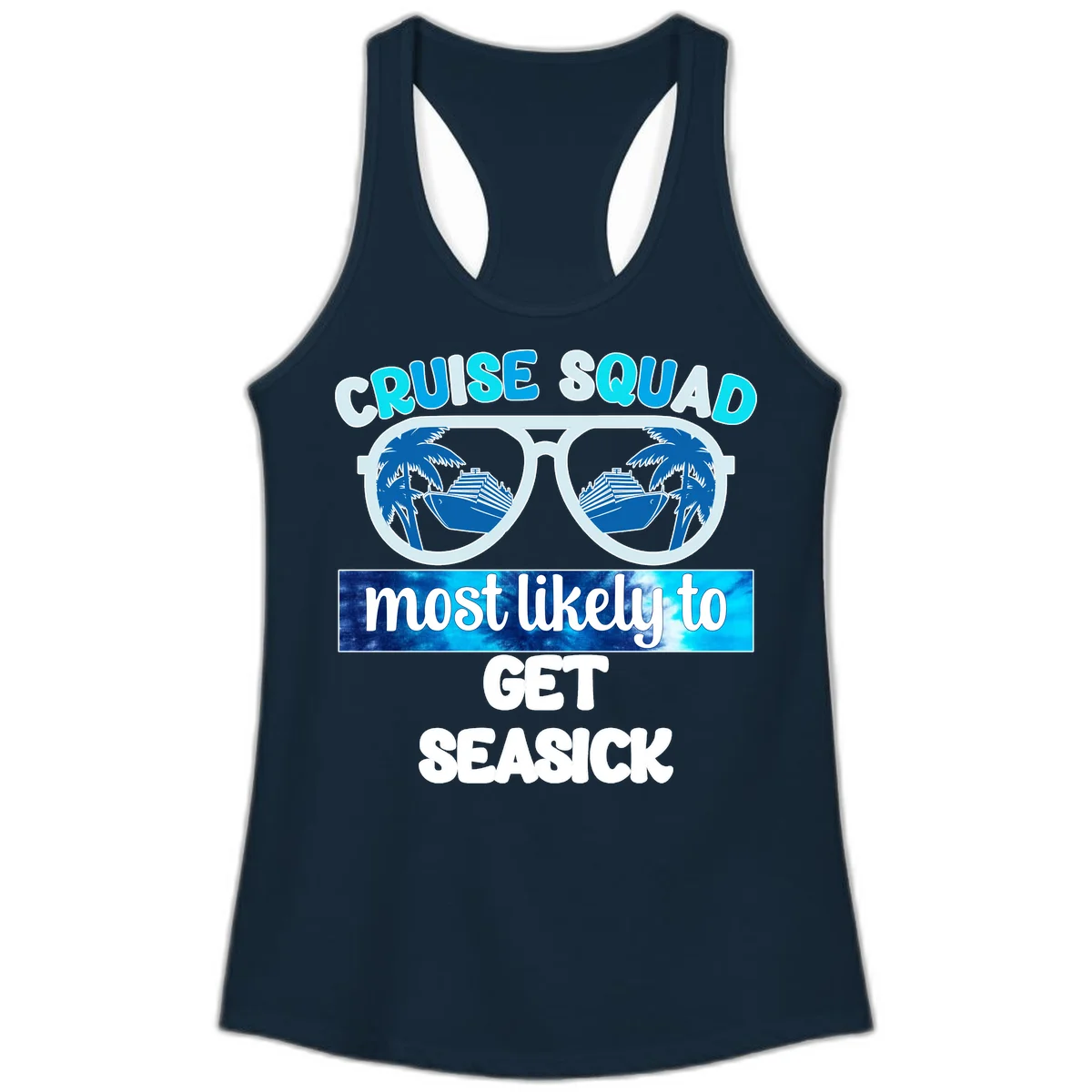Cruise Squad Most Likely to Get Seasick Ladies Tank in Solid Midnight Navy
