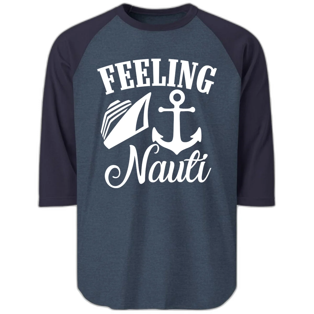 Feeling Nauti Anchor & Sailboat Raglan 3/4 in Heather Denim Navy