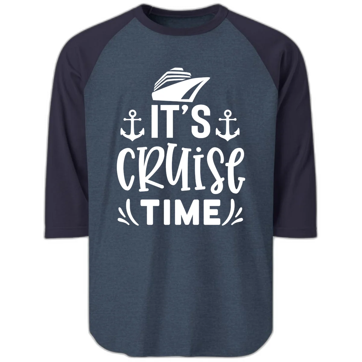 It's Cruise Time Nautical Anchor Raglan 3/4 in Heather Denim Navy