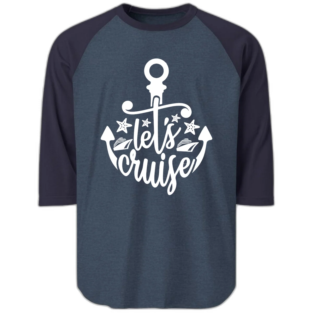 Let's Cruise Away Anchor Raglan 3/4 in Heather Denim Navy
