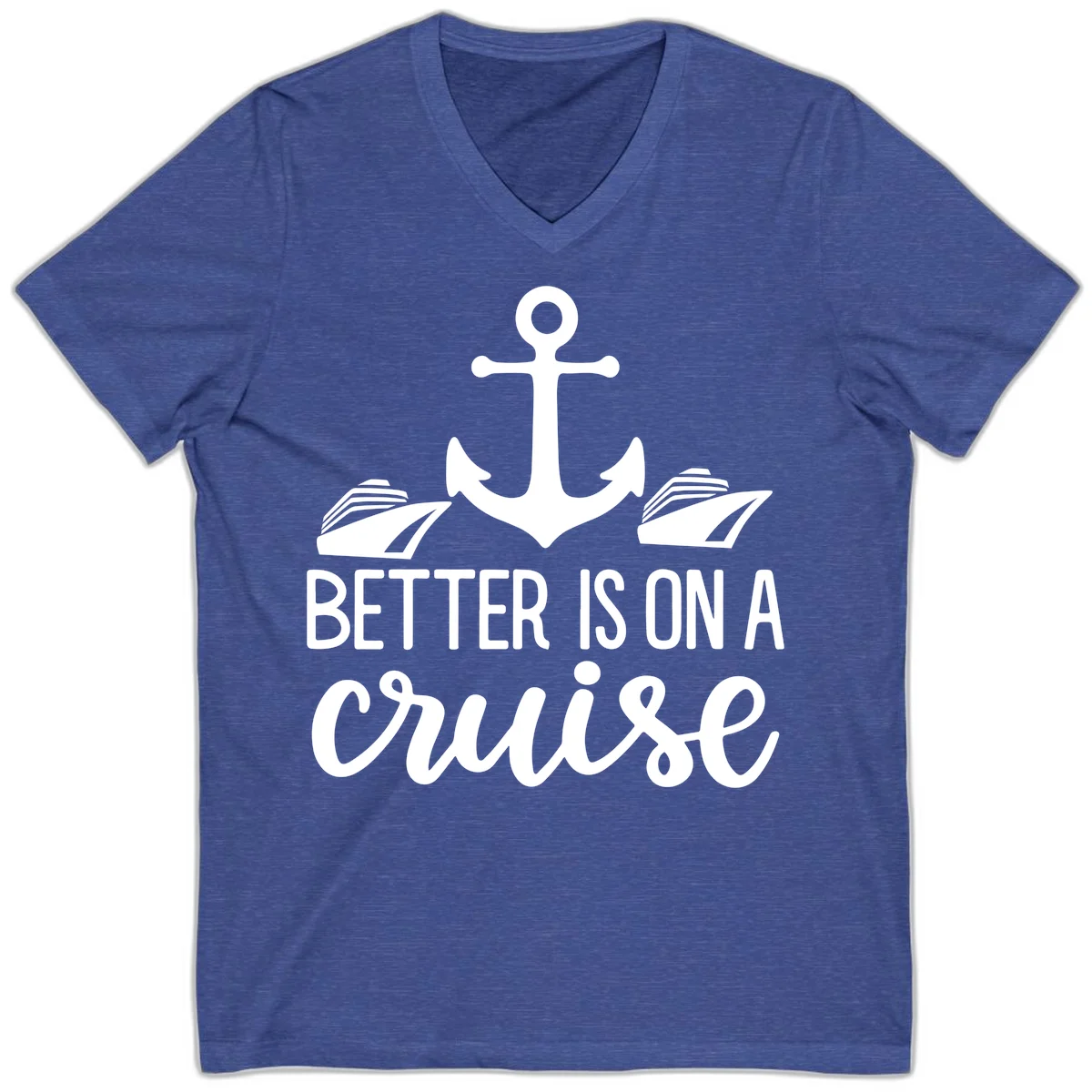 Better Is On A Cruise Nautical V-Neck Tee in Heather True Royal