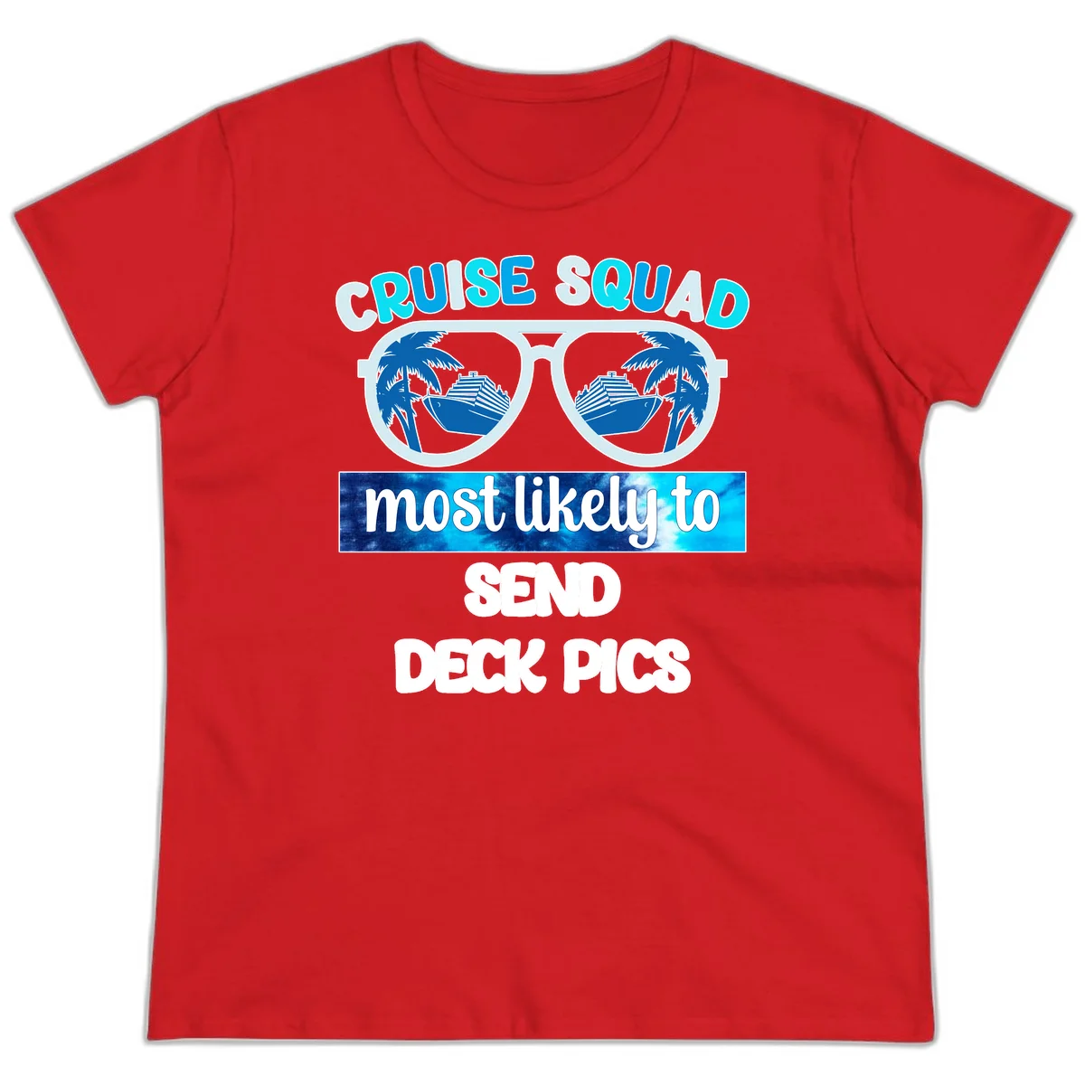 Cruise Squad Sunglasses Deck Pics Ladies Tee in Red