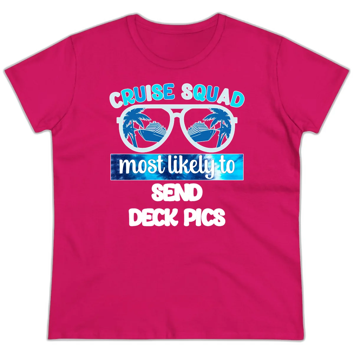 Cruise Squad Sunglasses Deck Pics Ladies Tee in Heliconia