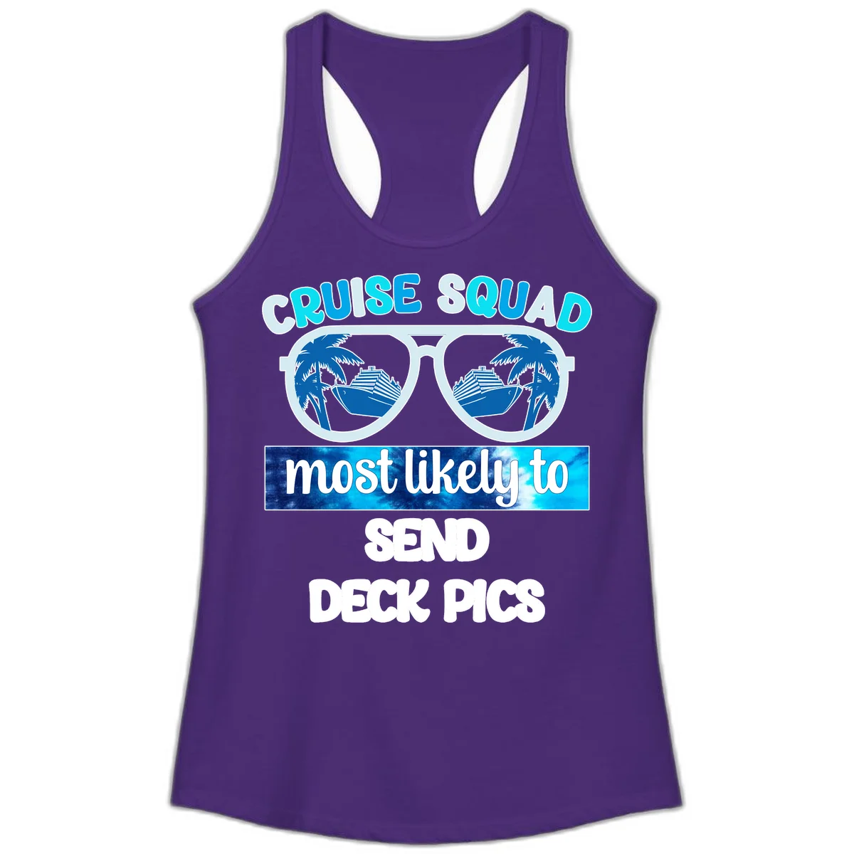Cruise Squad Sunglasses Deck Pics Ladies Tank in Solid Purple Rush