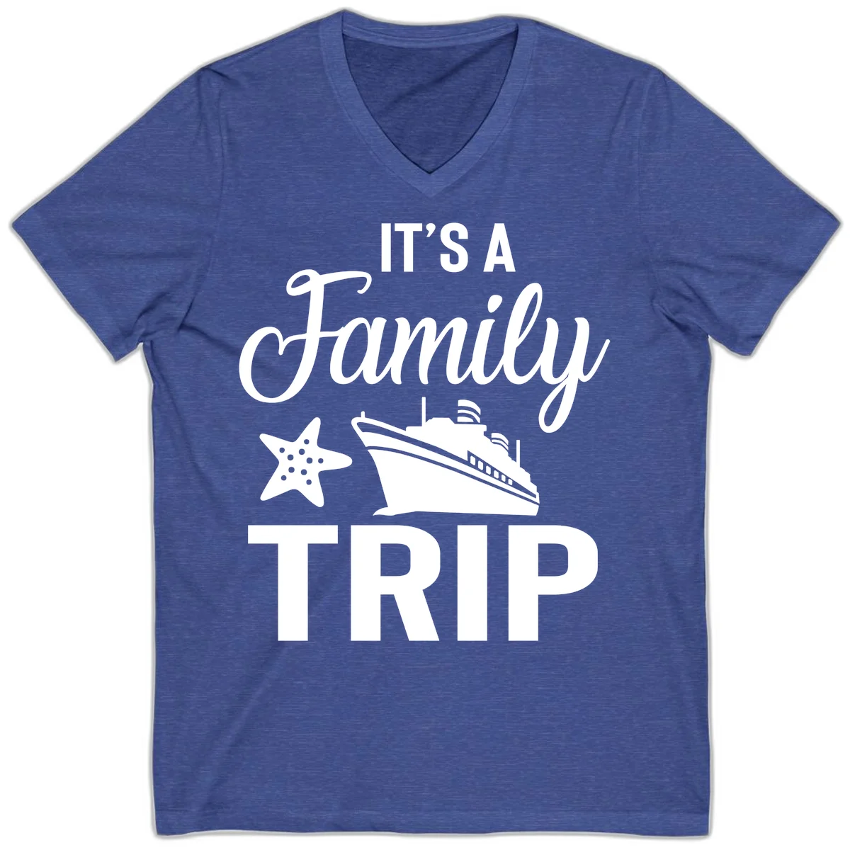 It's A Family Trip V-Neck for Your Cruise Vacation in Heather True Royal