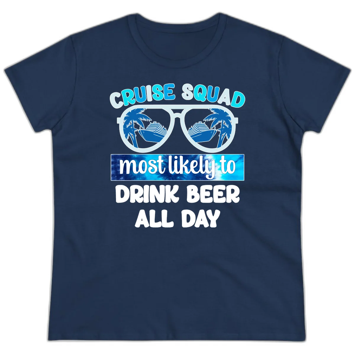 Cruise Squad Beer Sunglasses Ladies Tee in Navy