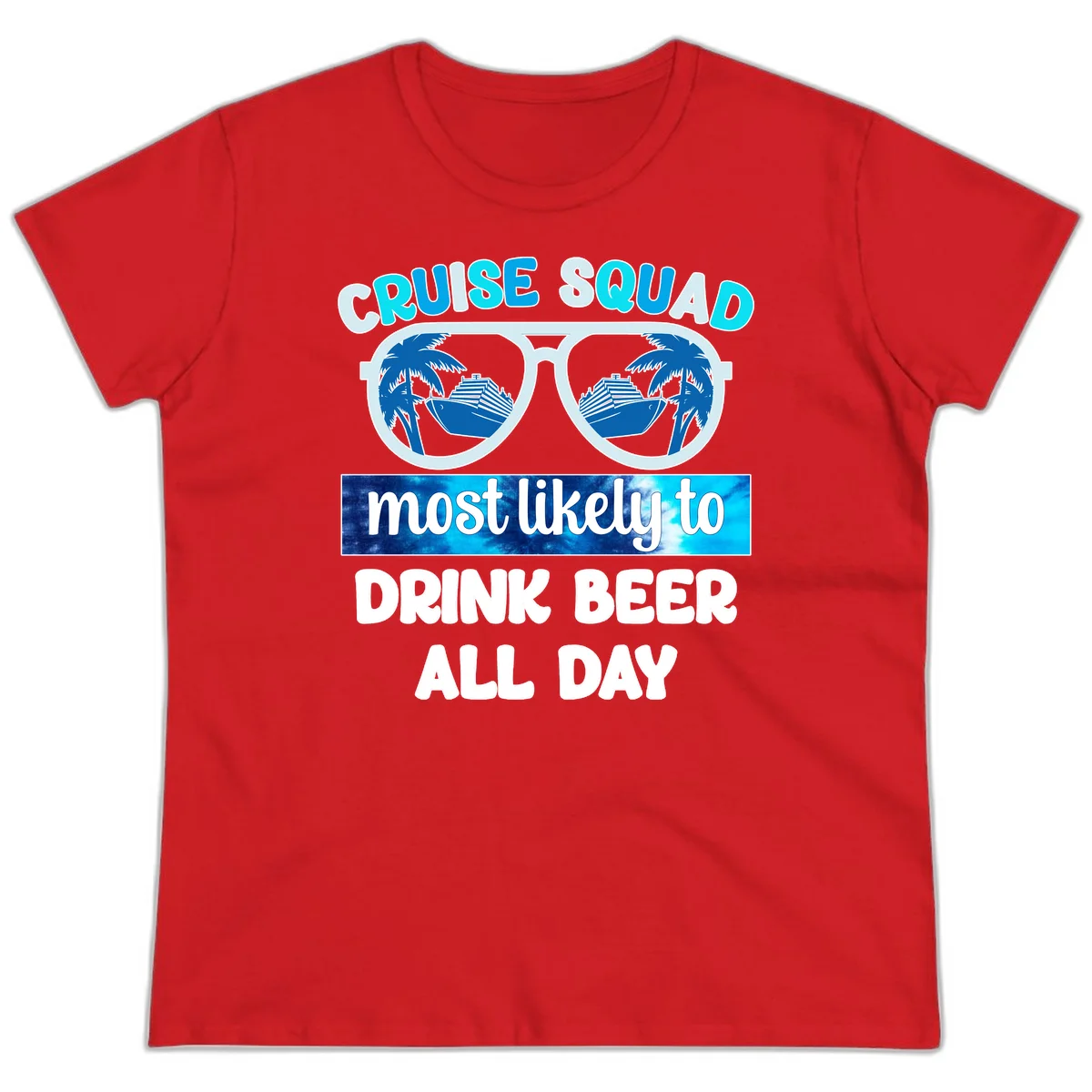 Cruise Squad Beer Sunglasses Ladies Tee in Red