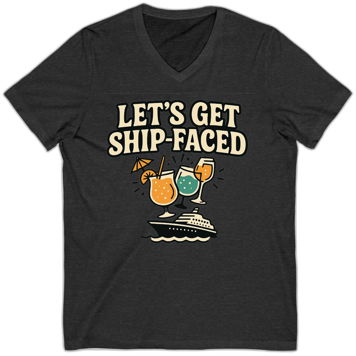 Let's Get Ship-Faced V-Neck T-Shirt in Dark Grey Heather