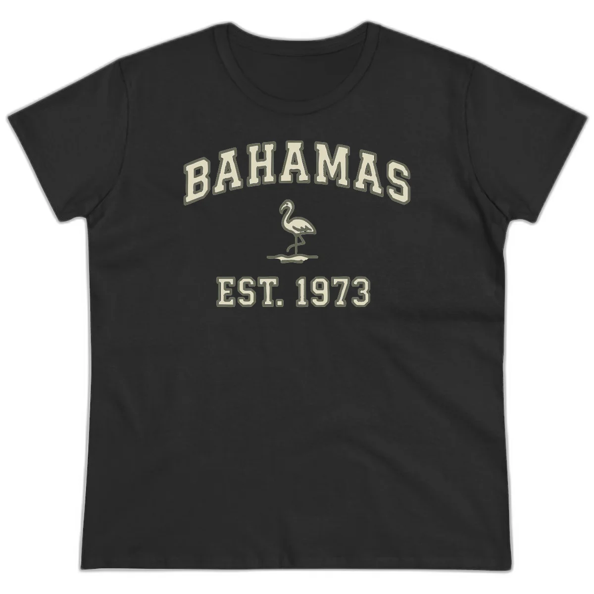 Bahamas Flamingo Established 1973 Ladies Tee in Black
