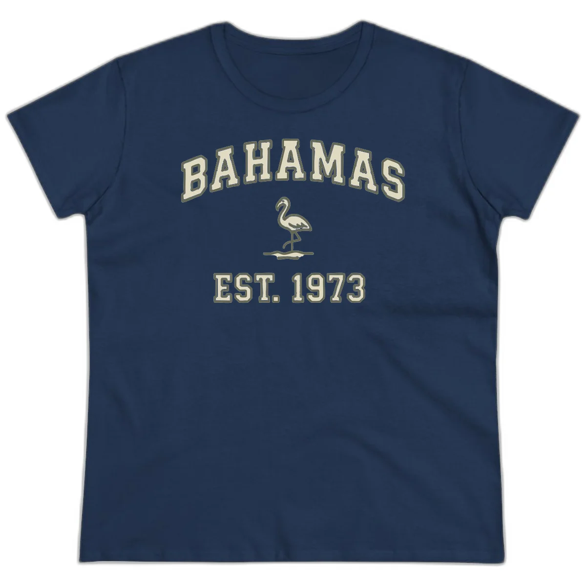 Bahamas Flamingo Established 1973 Ladies Tee in Navy