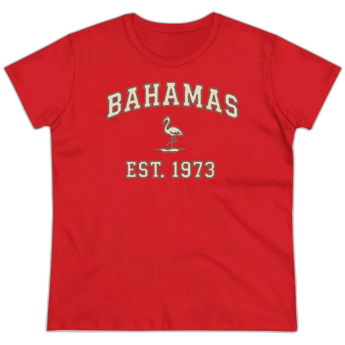 Bahamas Flamingo Established 1973 Ladies Tee in Red