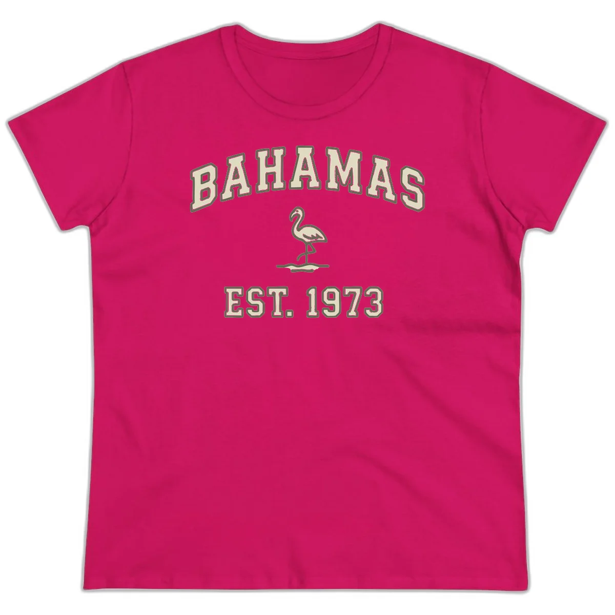 Bahamas Flamingo Established 1973 Ladies Tee in Heliconia