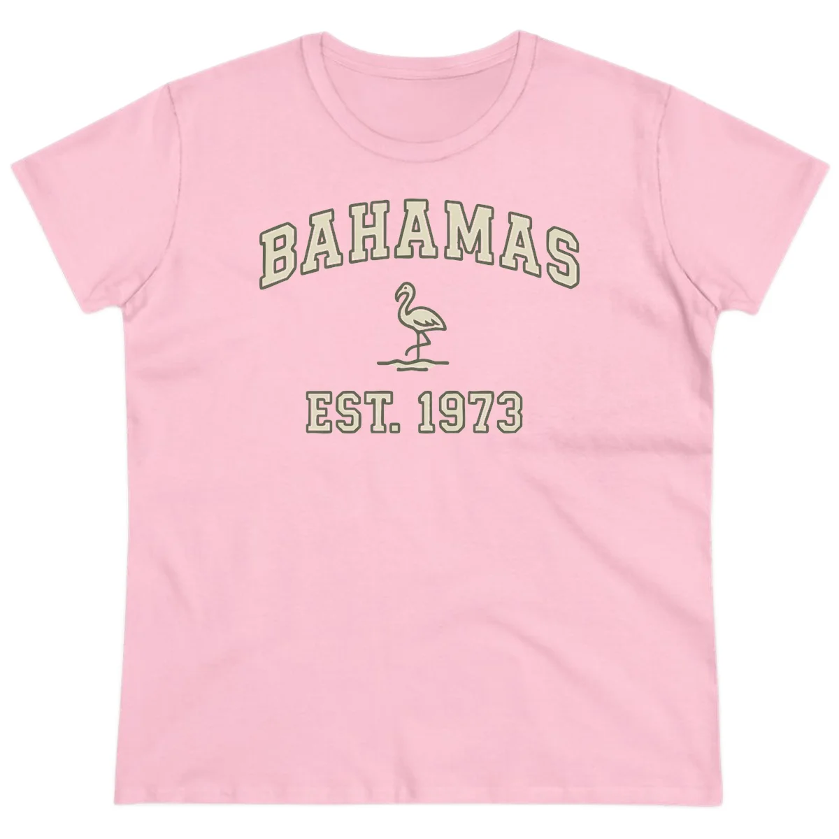 Bahamas Flamingo Established 1973 Ladies Tee in Light Pink