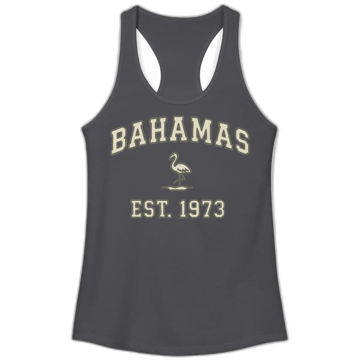 Bahamas Flamingo Established 1973 Ladies Tank in Solid Dark Gray