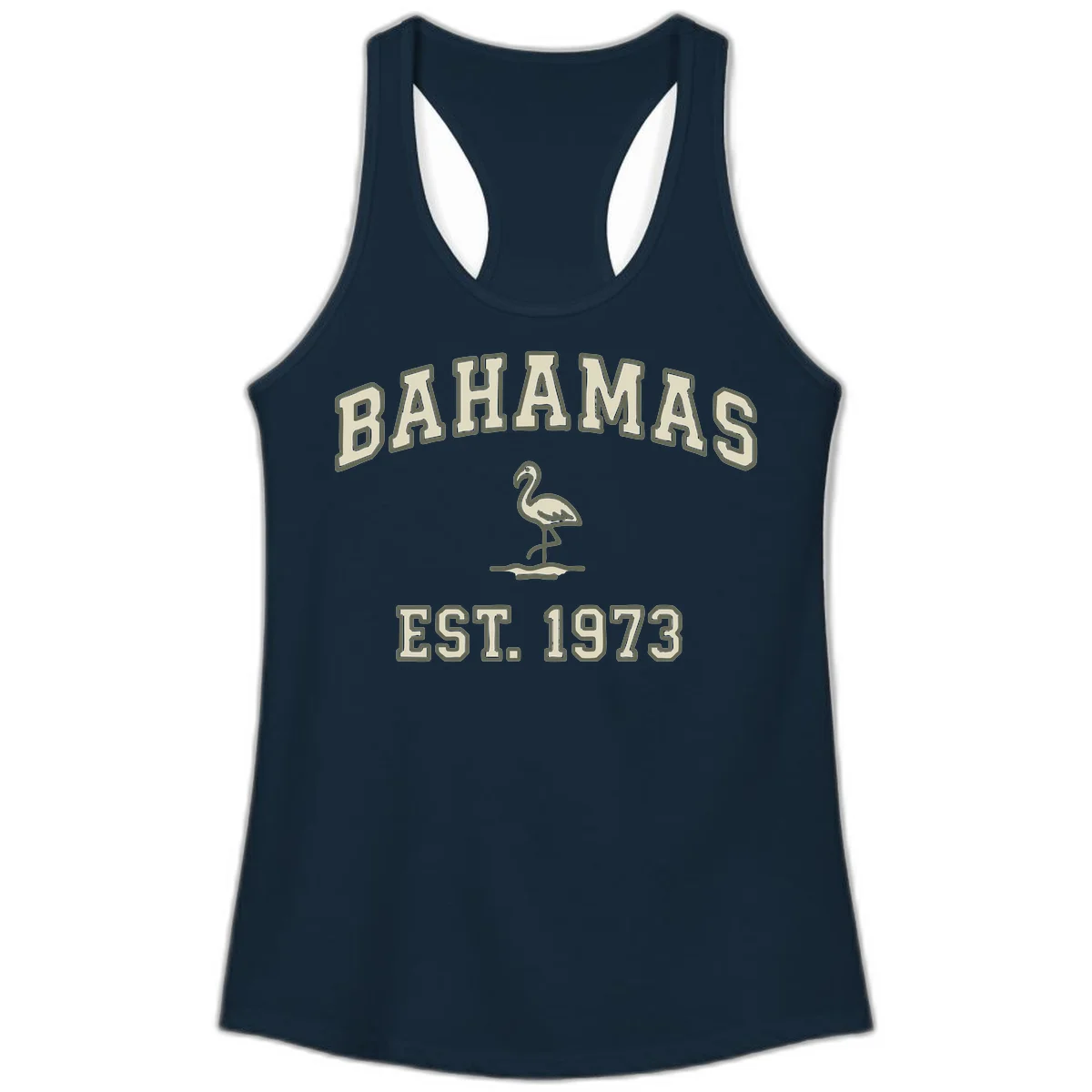 Bahamas Flamingo Established 1973 Ladies Tank in Solid Midnight Navy