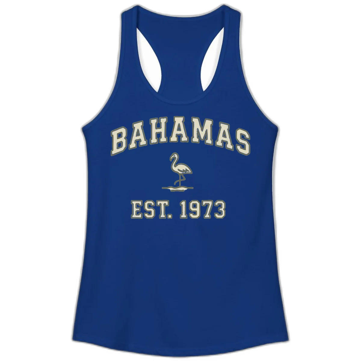 Bahamas Flamingo Established 1973 Ladies Tank in Solid Royal