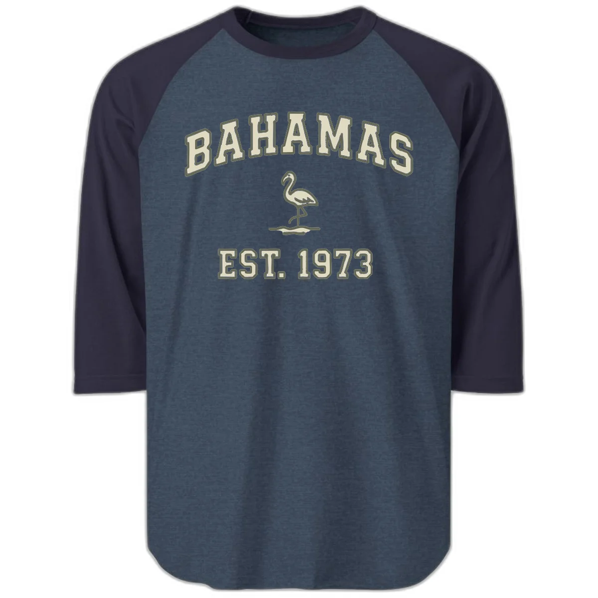 Bahamas Flamingo Established 1973 Raglan 3/4 in Heather Denim Navy