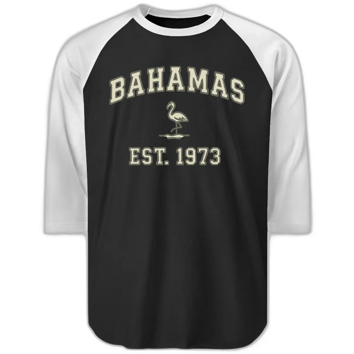 Bahamas Flamingo Established 1973 Raglan 3/4 in Black White