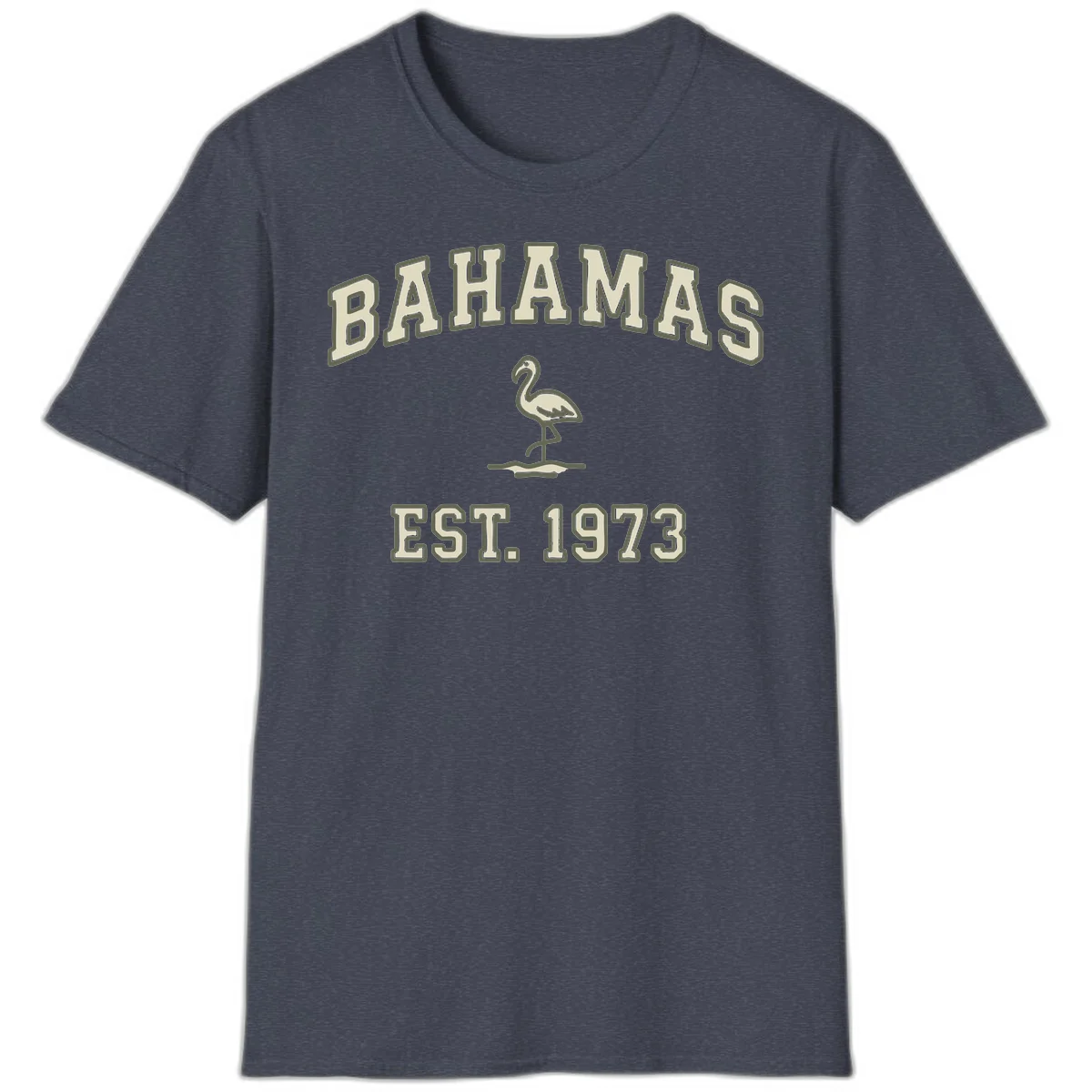 Bahamas Flamingo Established 1973 T-Shirt in Heather Navy