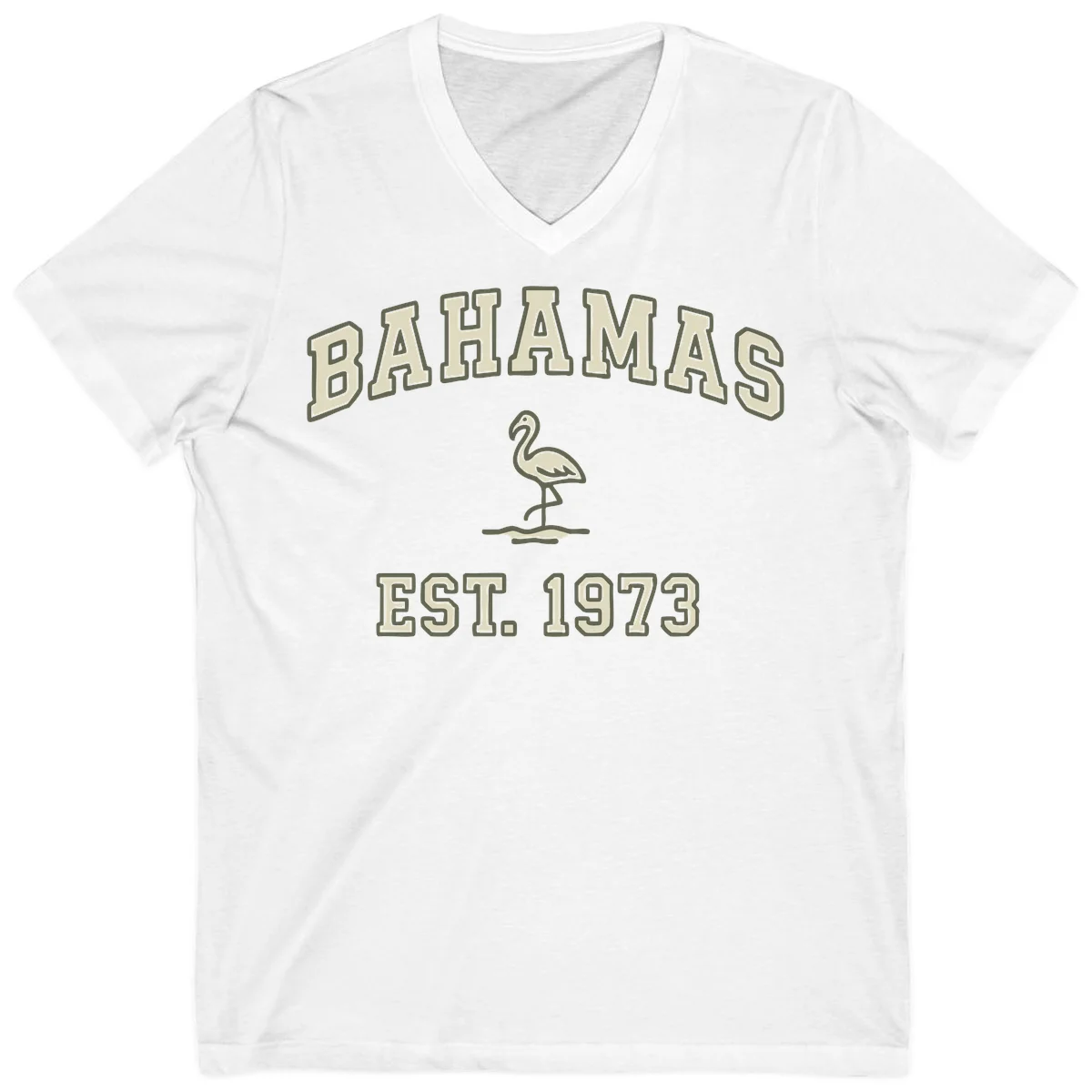 Bahamas Flamingo Established 1973 V-Neck in White