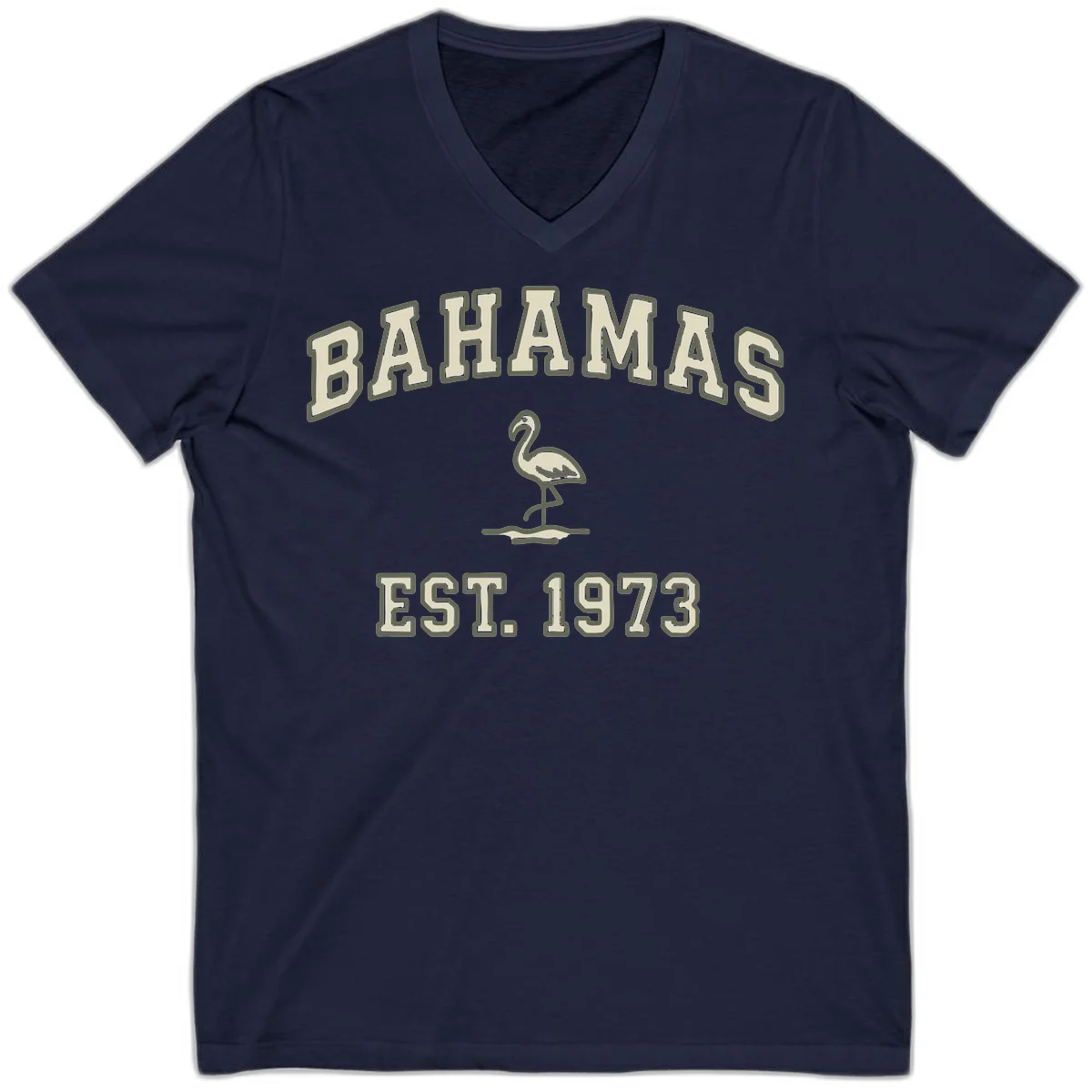 Bahamas Flamingo Established 1973 V-Neck in Navy