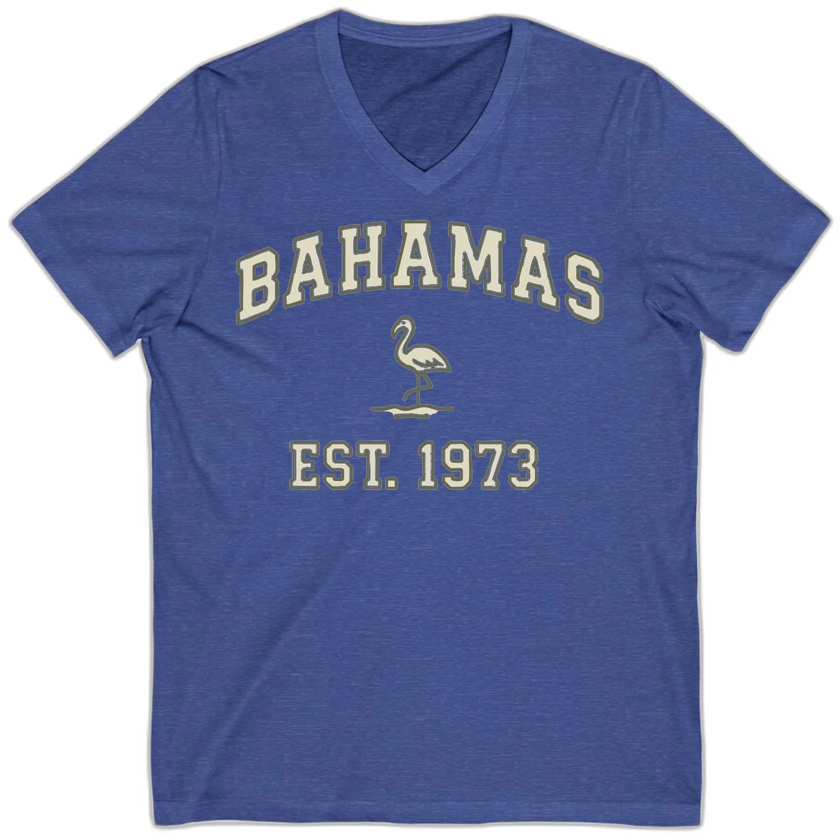Bahamas Flamingo Established 1973 V-Neck in Heather True Royal