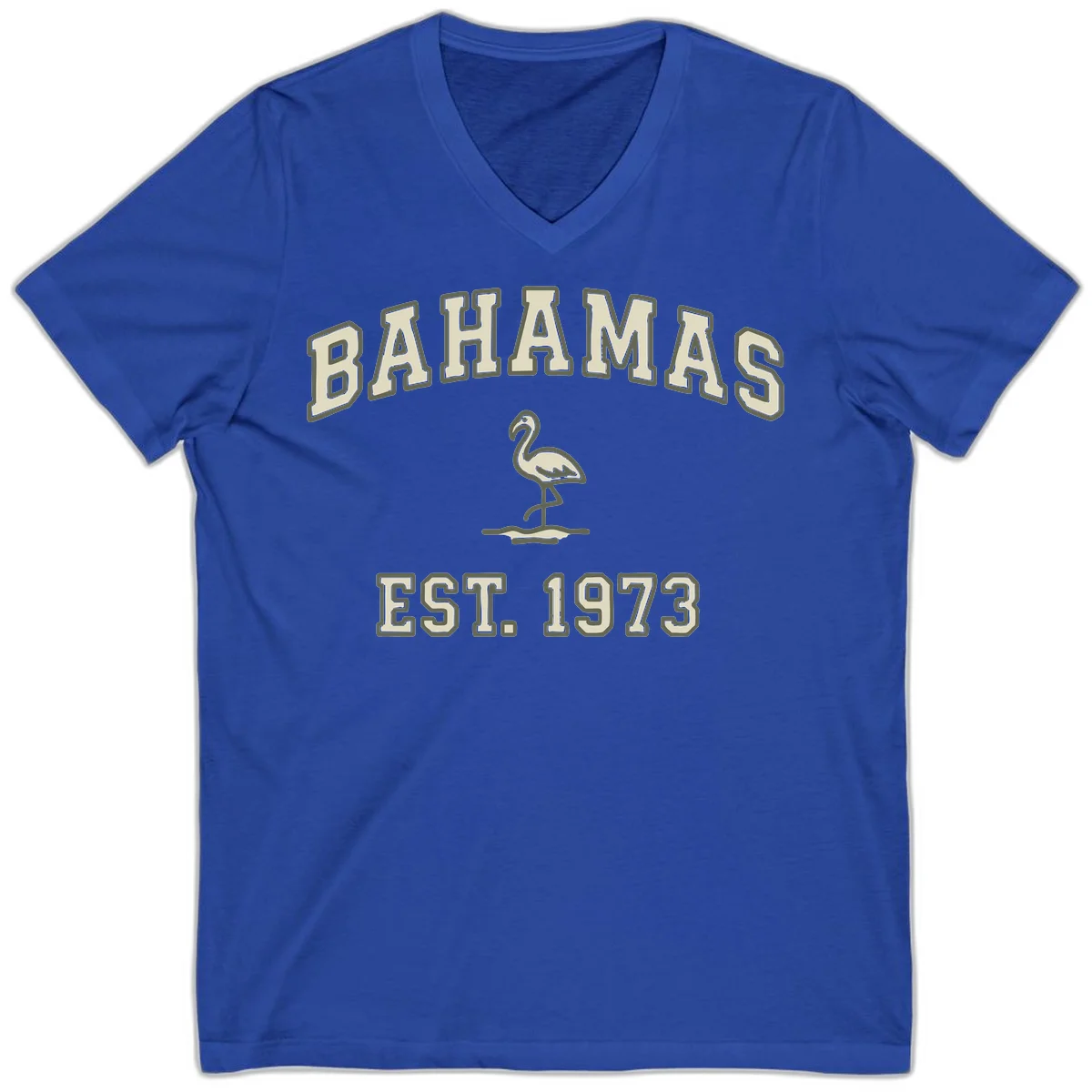 Bahamas Flamingo Established 1973 V-Neck in True Royal