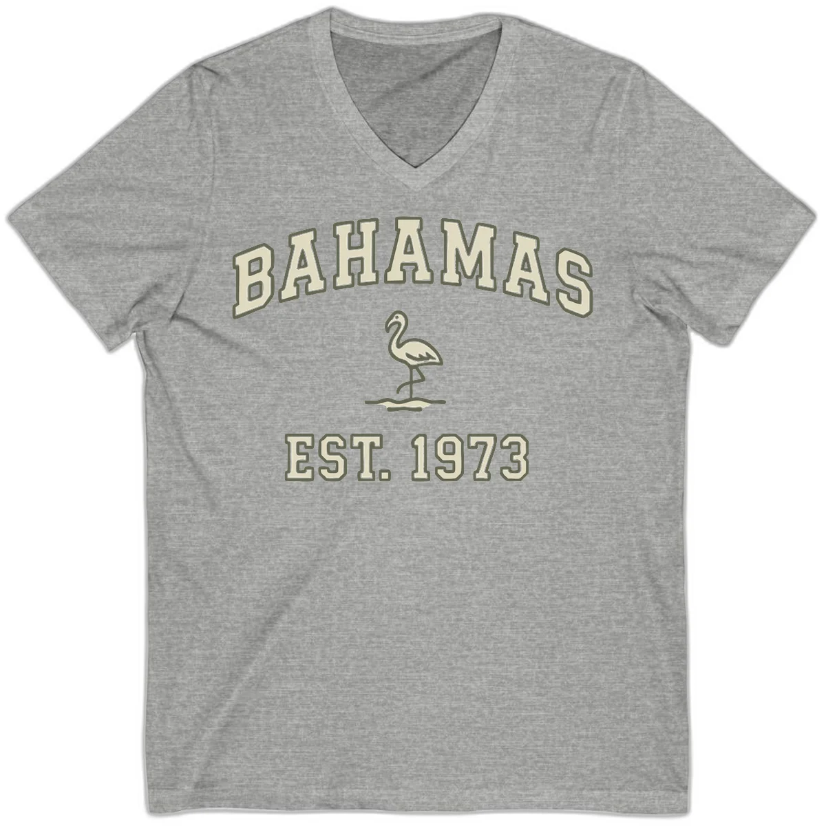 Bahamas Flamingo Established 1973 V-Neck in Athletic Heather