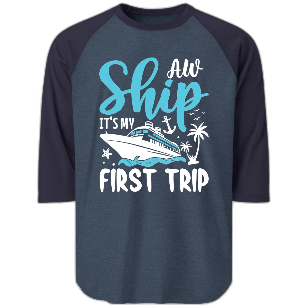 Ship It's My First Trip Raglan 3/4 Tee in Heather Denim Navy
