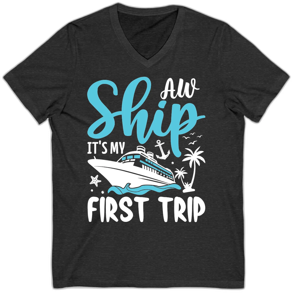 Ship It's My First Trip V-Neck T-Shirt in Dark Grey Heather