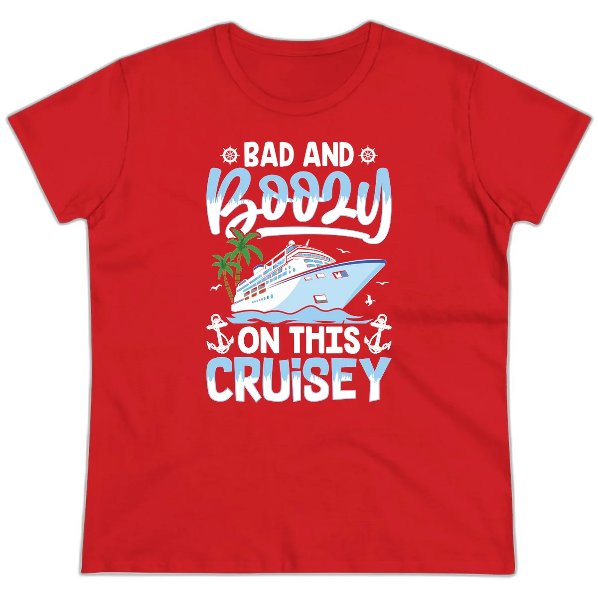 Bad And Knotty On This Cruise Ladies Tee in Red