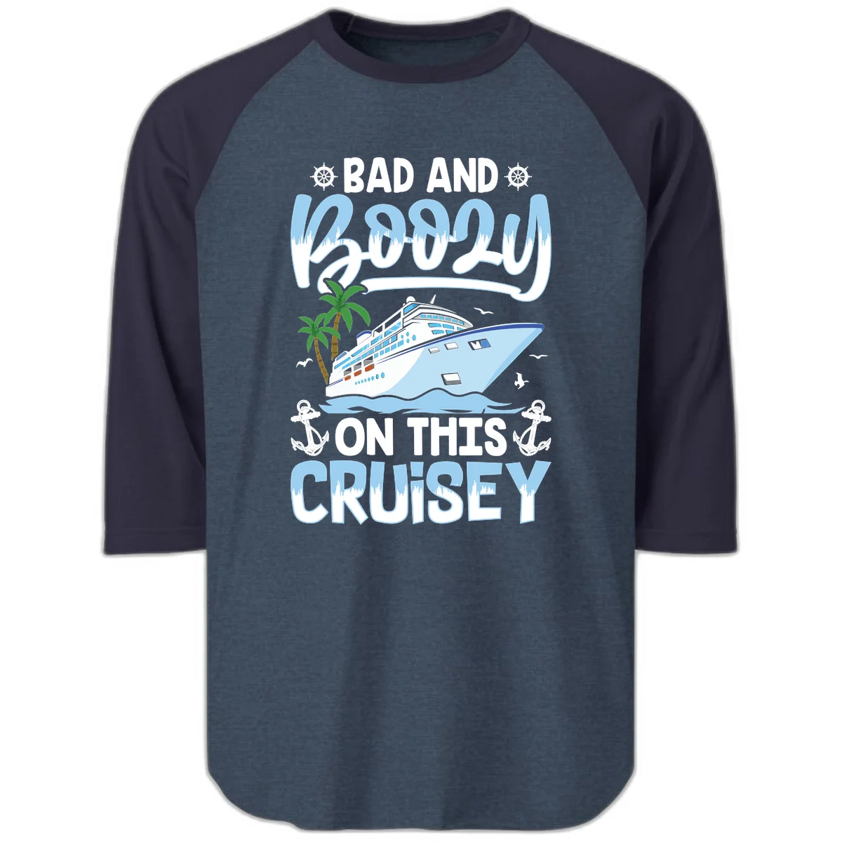 Bad And Knotty On This Cruise Raglan 3/4 in Heather Denim Navy