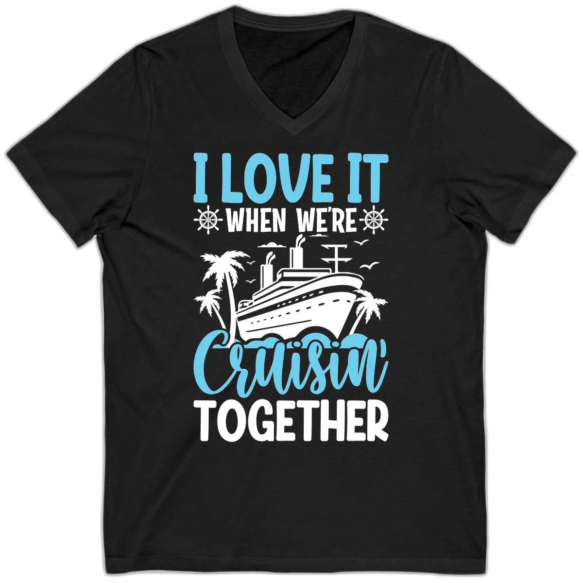 Cruising Together Nautical Design V-Neck Tee in Black