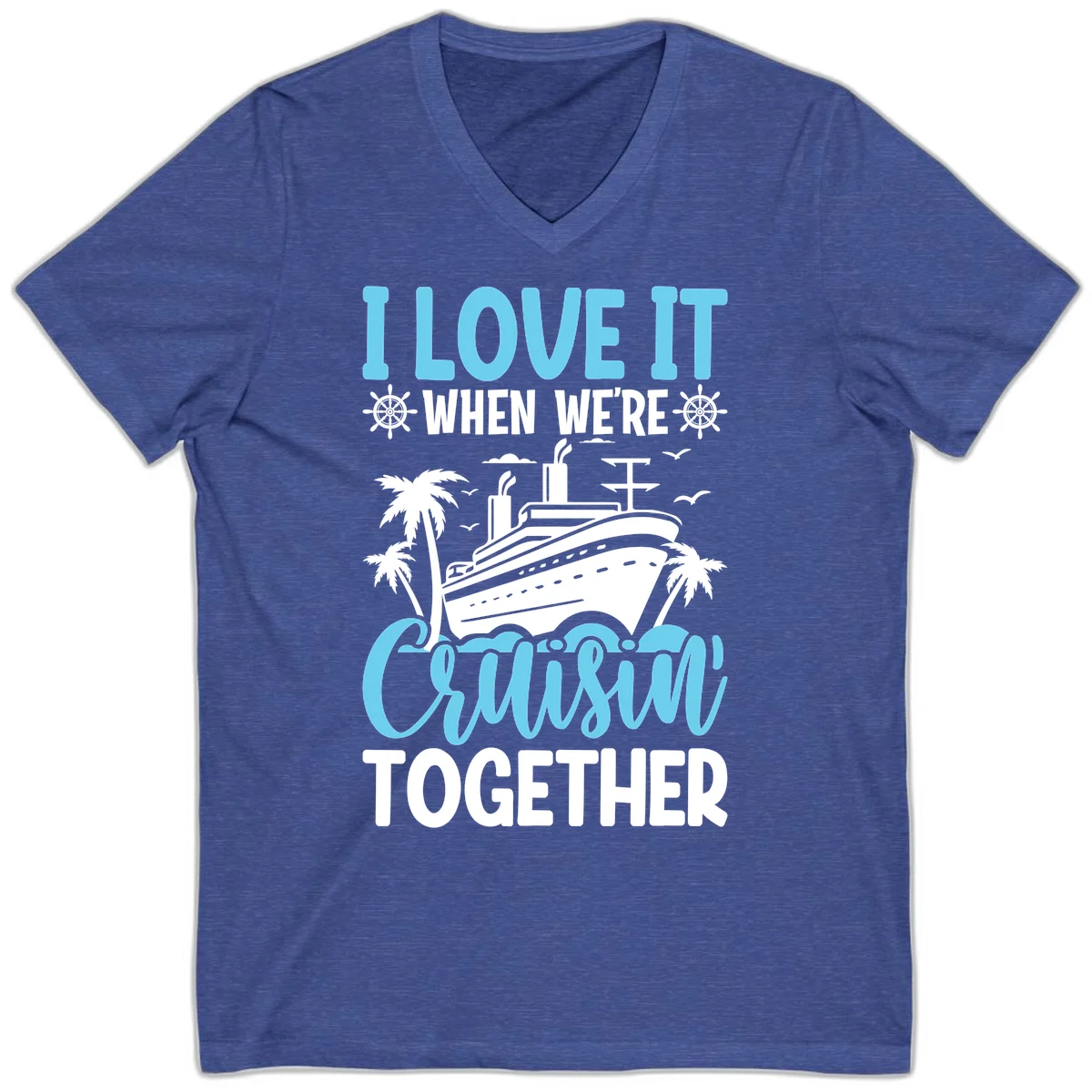 Cruising Together Nautical Design V-Neck Tee in Heather True Royal