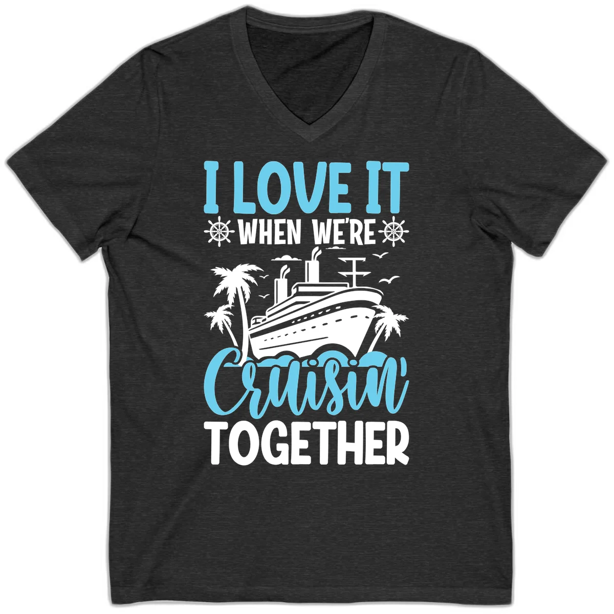 Cruising Together Nautical Design V-Neck Tee in Dark Grey Heather