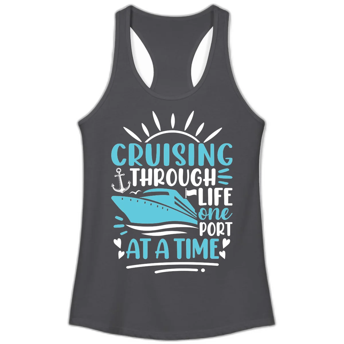Cruising Through Life One Port At A Time Ladies Tank in Solid Dark Gray