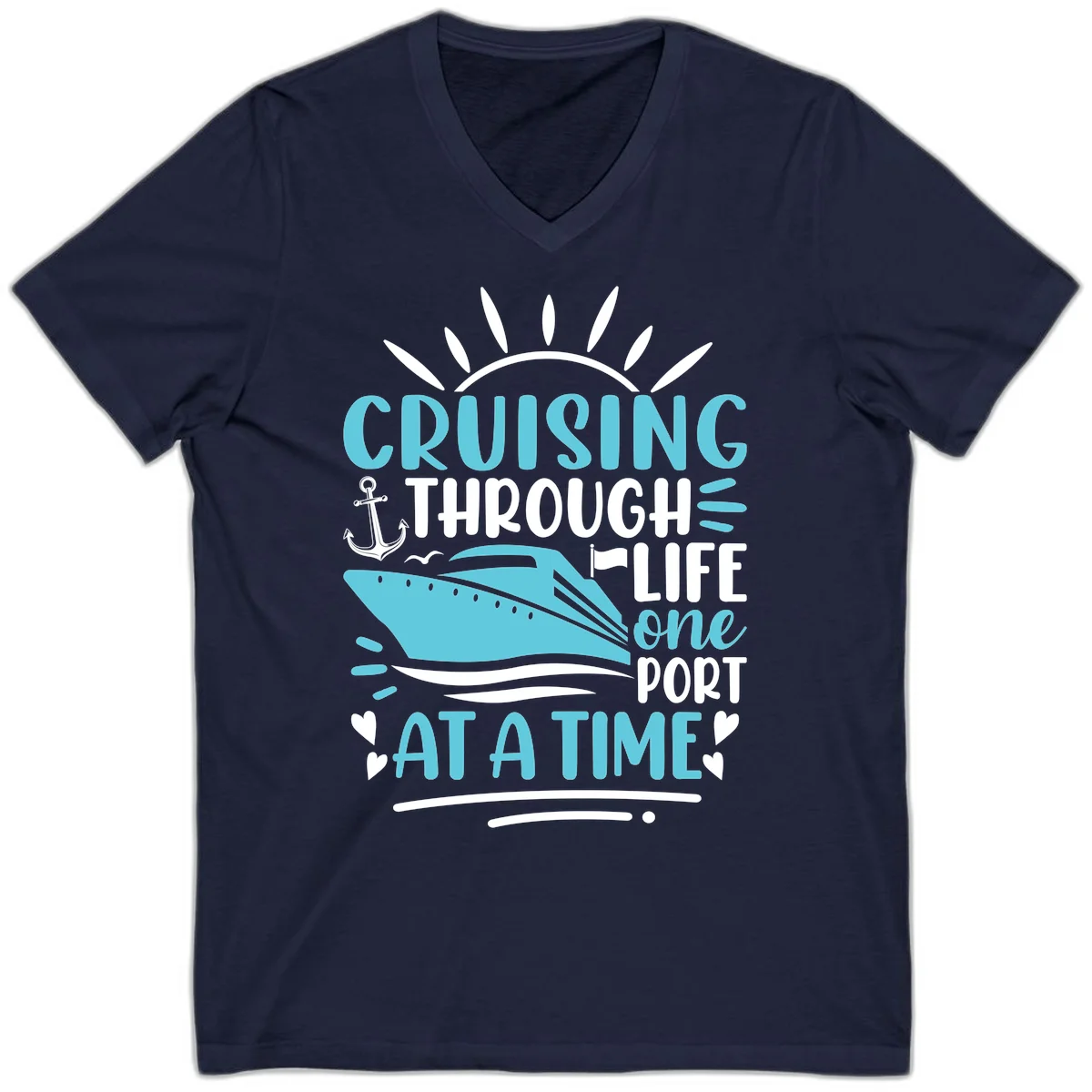 Cruising Through Life One Port At A Time V-Neck in Navy