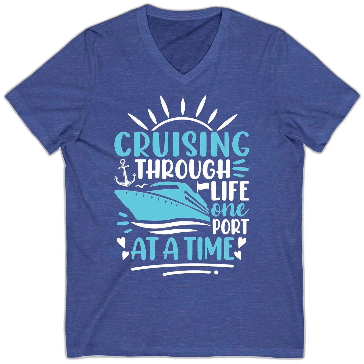 Cruising Through Life One Port At A Time V-Neck in Heather True Royal