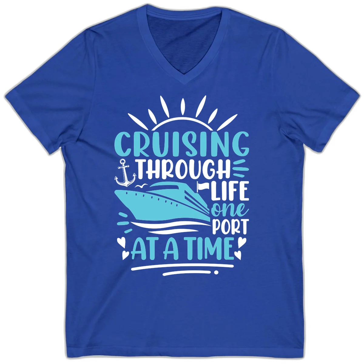 Cruising Through Life One Port At A Time V-Neck in True Royal