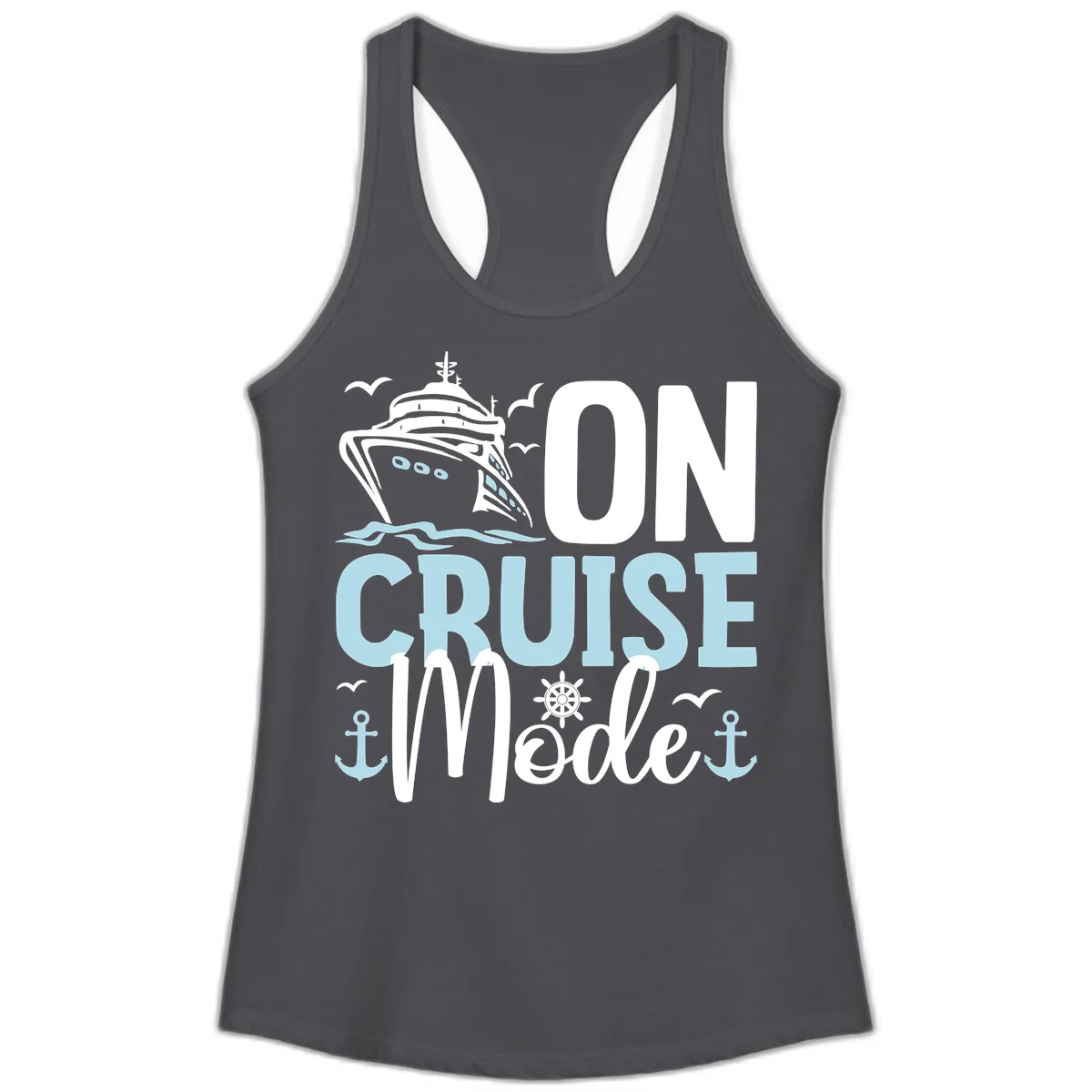 On Cruise Mode Ladies Racerback Tank in Solid Dark Gray