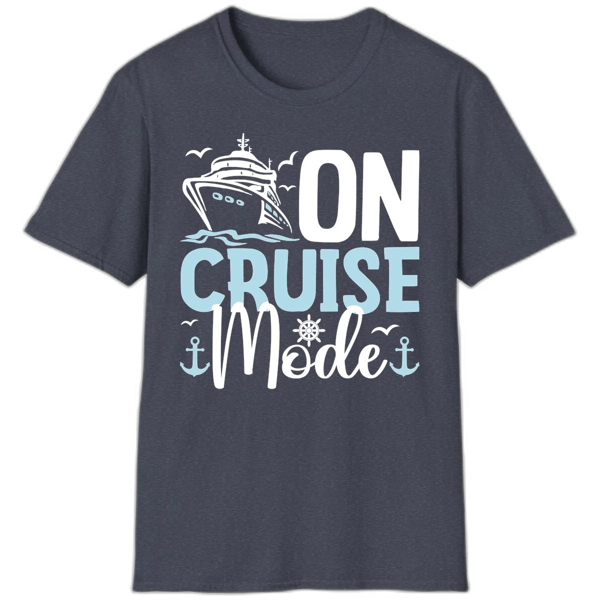On Cruise Mode Vacation T-Shirt for Travelers in Heather Navy