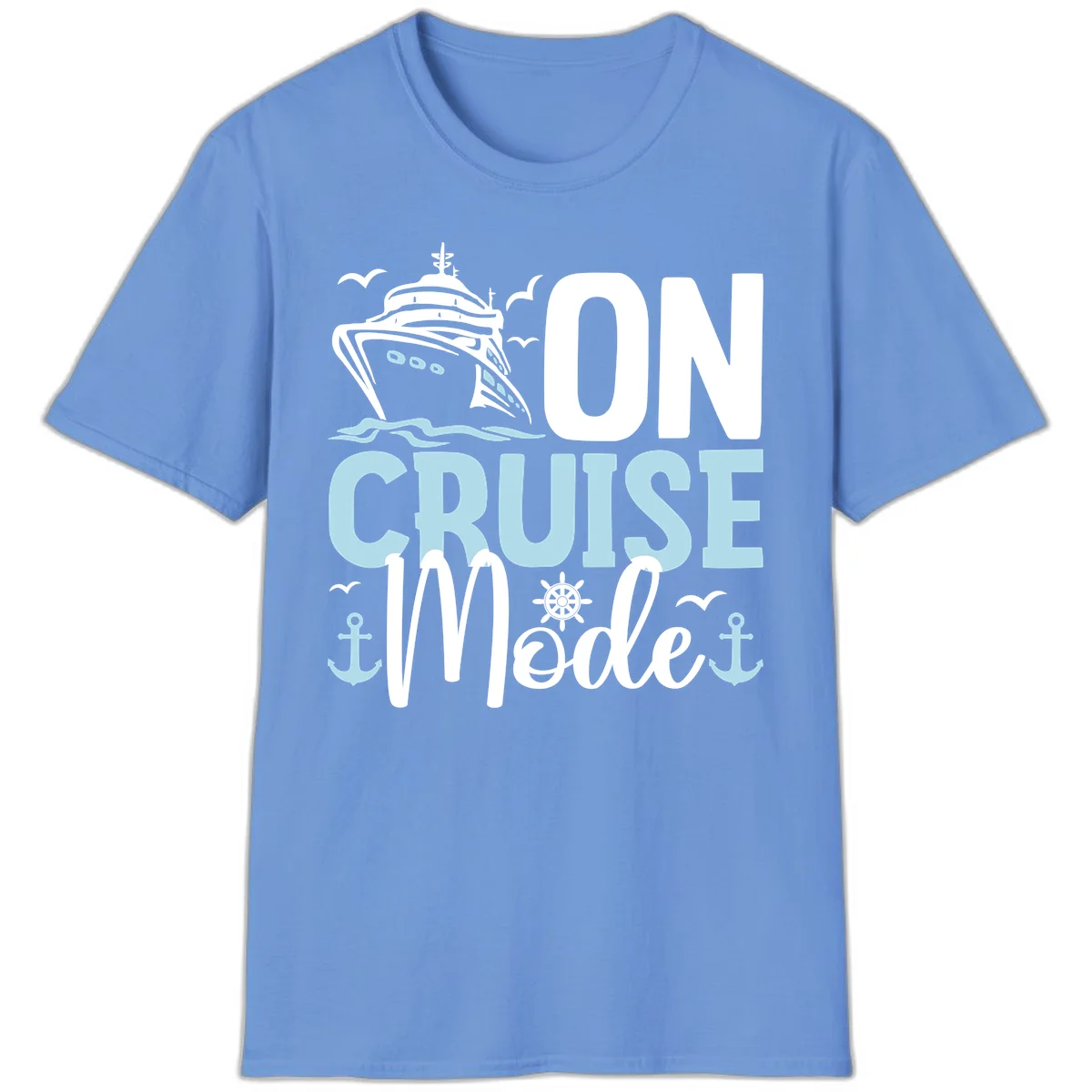 On Cruise Mode Vacation T-Shirt for Travelers in Carolina Blue