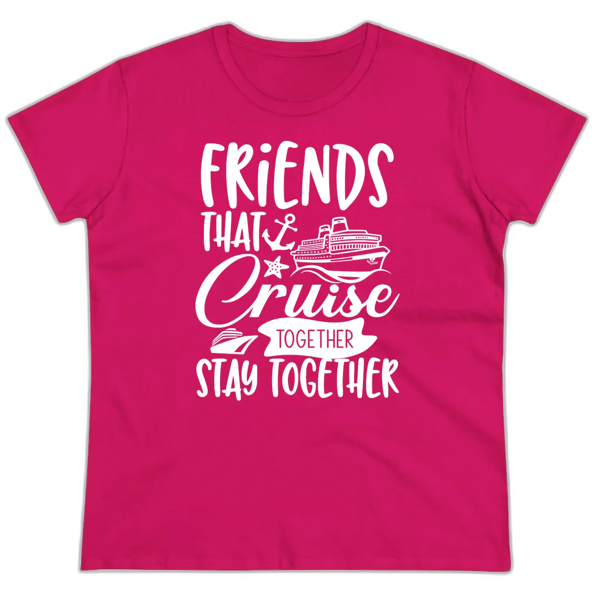 Friends That Cruise Together Ladies Tee in Heliconia